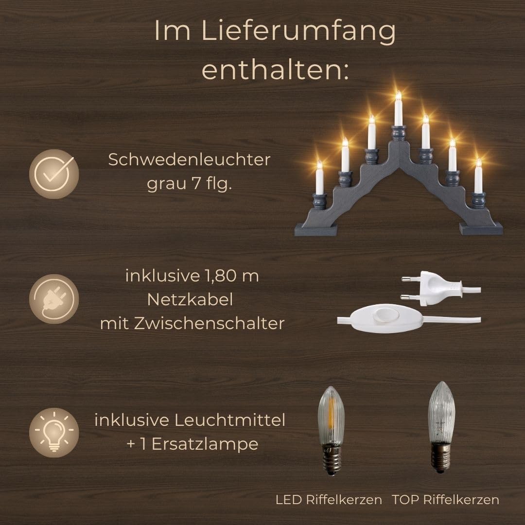 WEIGLA - Schwedenleuchter original Erzgebirge I Trendiger Schwede GRAU I LED I Schwibbogen Weihnachten I 7 Lampenkerzen + 1 Ersatzlampe I 7 x 34 V, 0,2 W, E10 I Weihnachtsdeko innen I Kiefernholz