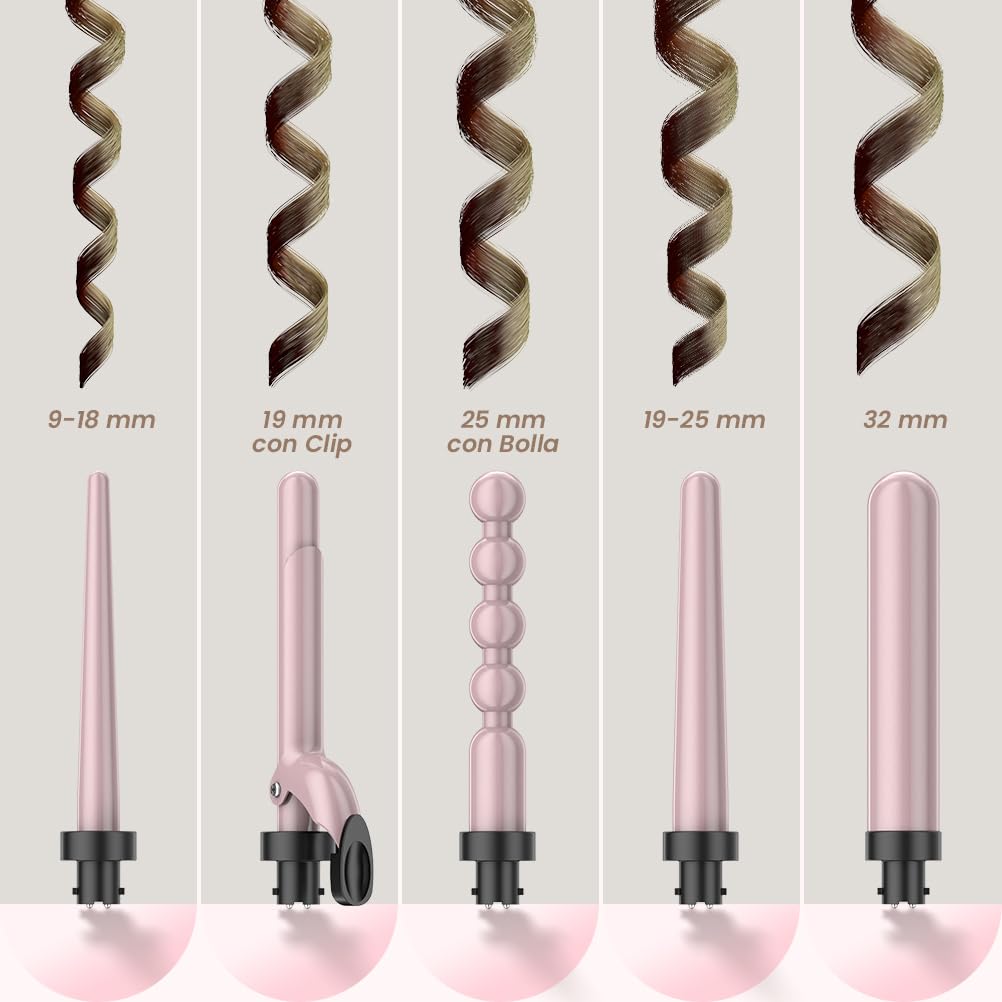 ELEHOT-Store Ferro Arricciacapelli 5 in 1, Ferro Arricciacapelli Professionale con Diversi Diametri, Rivestimento in Ceramica, Riscaldamento Rapido, Temperatura Regolabile, Crea Ricci Grandi e Piccoli