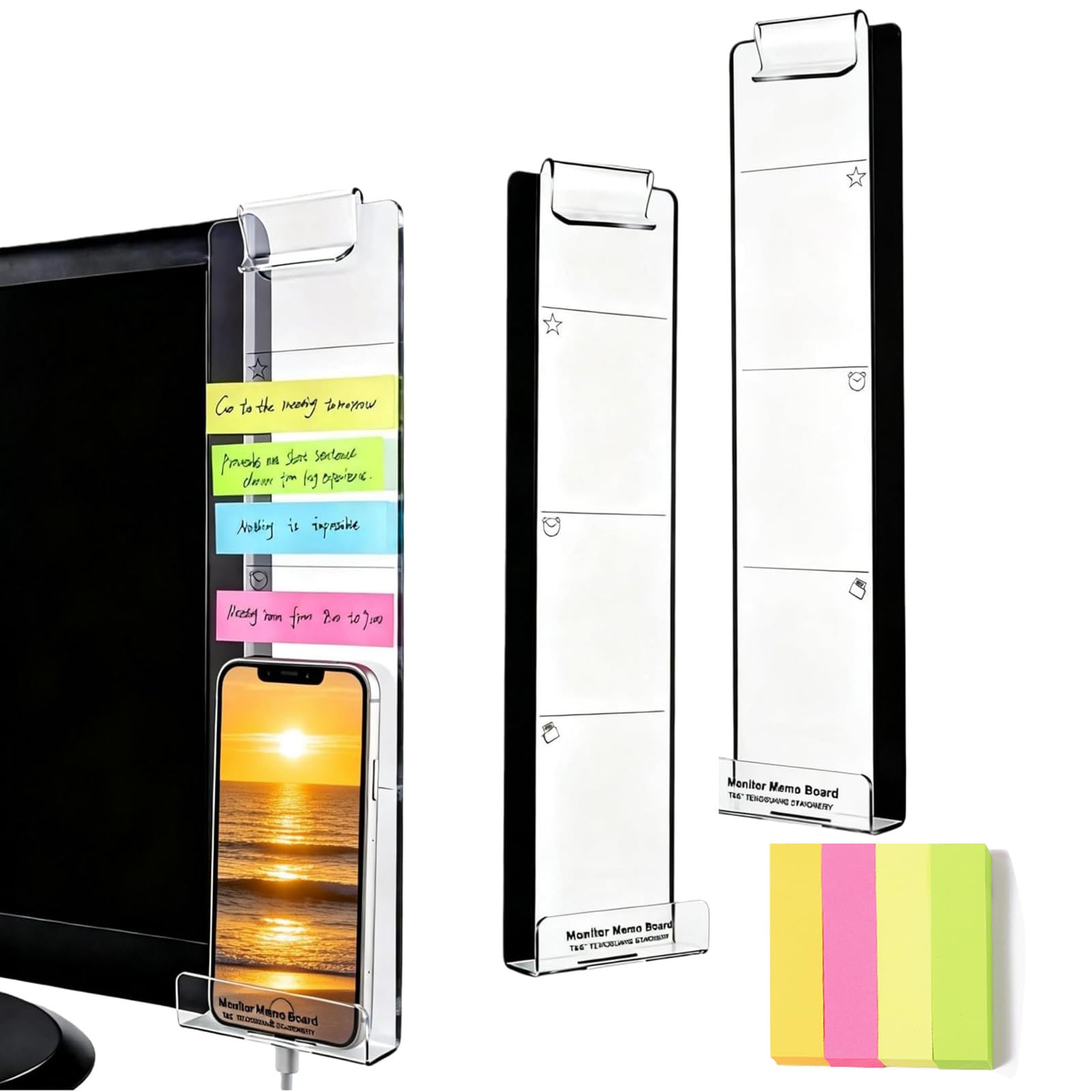 2 Pcs Monitor Memo Board Clear, Transparent Acrylic Monitor Side Panels with Sticky Notes Deskboard Buddy for Home Office Workplace, Office Accessories