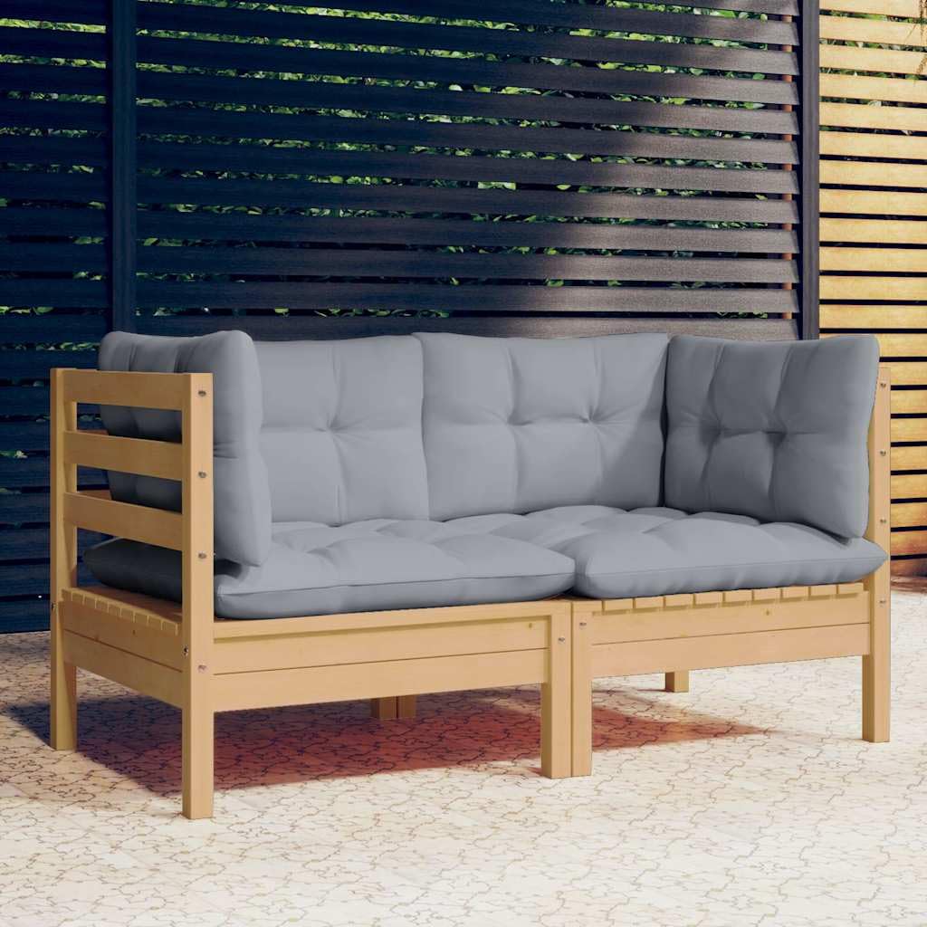 2-osobowa sofa ogrodowa z szarymi poduszkami z litego drewna sosnowego, 63,5 x 63,5 x 62,5 cm, sofa outdoorowa na balkon i taras, modułowa sofa ogrodowa z wygodną tapicerką