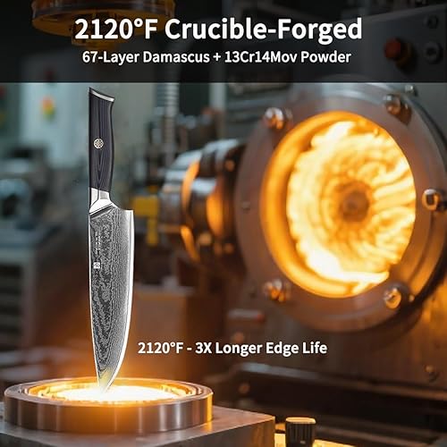 Miniatura 7 de Cuchillo de chef, juego de cuchillos de damasco de 8 pulgadas, cuchillo de cocina de acero inoxidable de alto carbono de 67 capas, cuchillos de