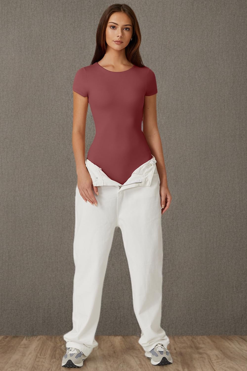 QINSEN Women's Crew Neck Short Sleeve Bodysuit Double Lined Body Suits Basic T-shirt Tops - Image 6