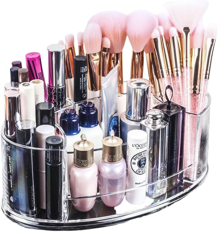 Milnnie Organizador de maquillaje acrílico, soporte compacto de cosméticos de 9 x 5 pulgadas con almacenamiento de pinceles y lápiz labial, vitrina