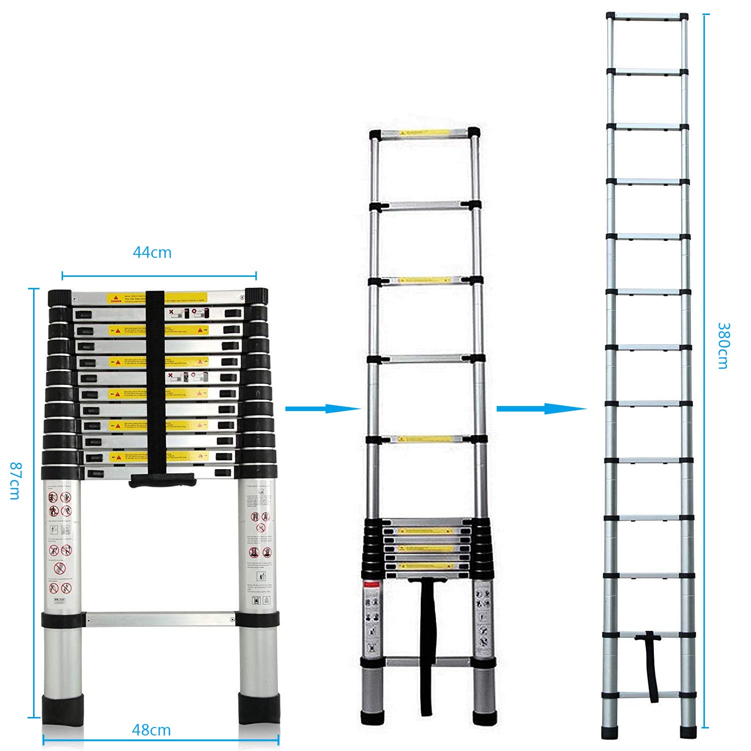 Teleskopleiter 3,8M Aluminium, Ausziehleiter Mehrzweckleiter, 150kg Tragfähigkeit, Leiter für Dachrinnenreinigung Dachboden Kletterdach