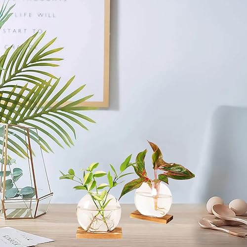 Miniatura 5 de Maceta redonda de vidrio para escritorio, florero de terrario con soporte de madera para propagar plantas hidropónicas, decoración del hogar,