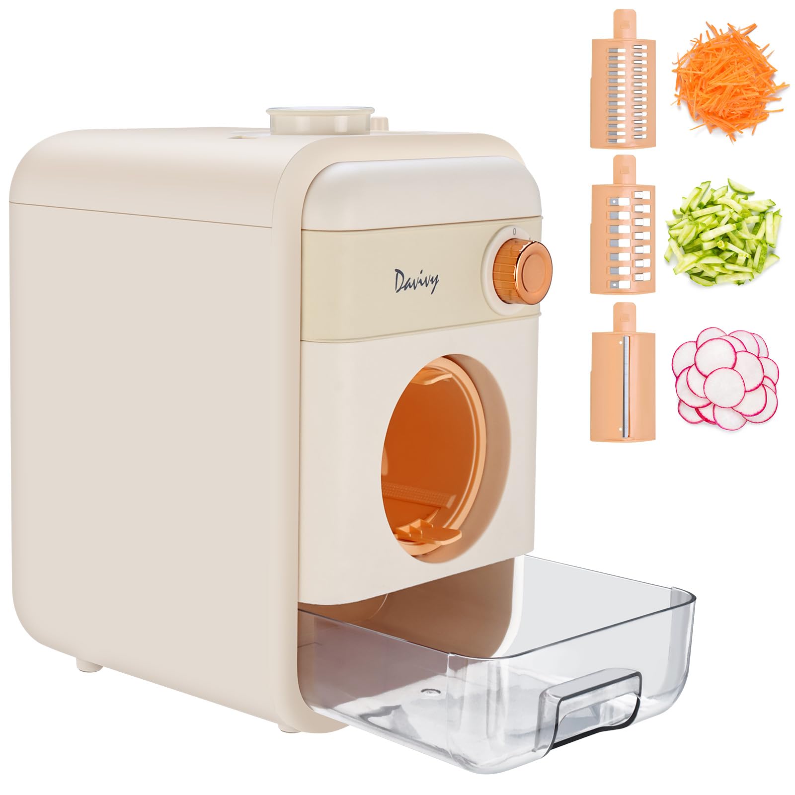 Davivy Electric Cheese Grater,Automatic Rotary Cheese Grater with Container, Salad Maker with 3 Interchangeable Stainless Steel Blades,Built-in Storage Drawer,Large Chute,Quiet Motor,Cream White