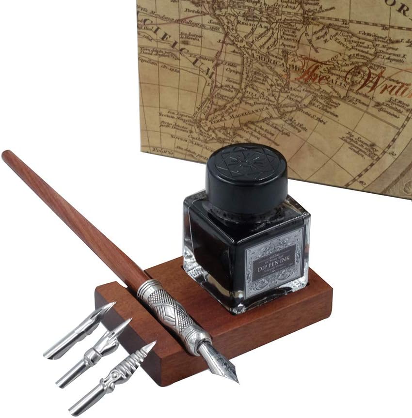 GC QUILL Antique Wooden Stem Pen Handcrafted Calligraphy Pen Set Dip Nib Pens-Writing Case With Black Ink Pen Wooden Holder Cartridges LL-184