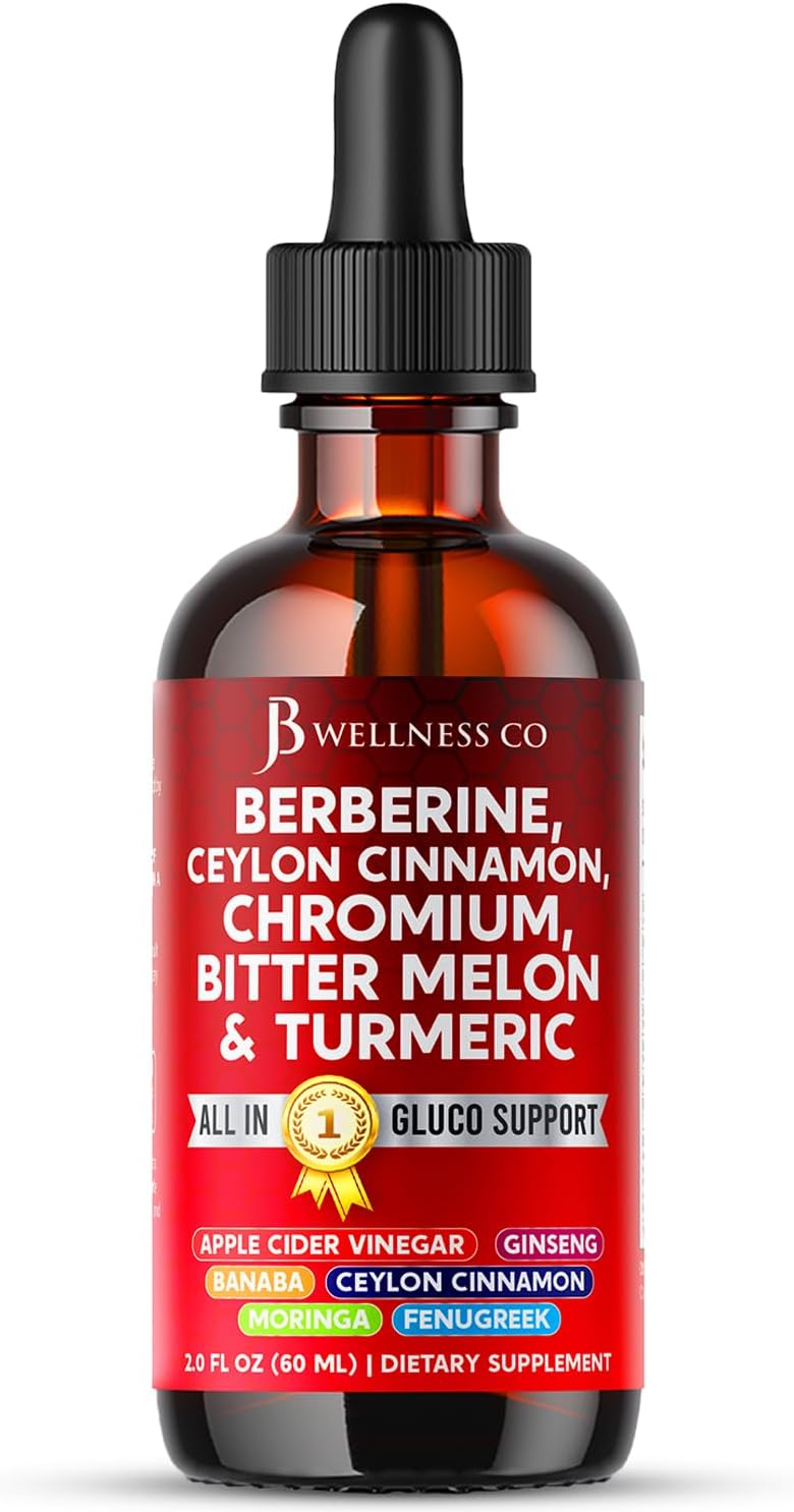 Berberine with Ceylon Cinnamon Supplement Liquid Drops + Bitter Melon Extract, Glucomannan, Gymnema, Chromium, Turmeric, Panax Ginseng, Moringa- 6 OZ