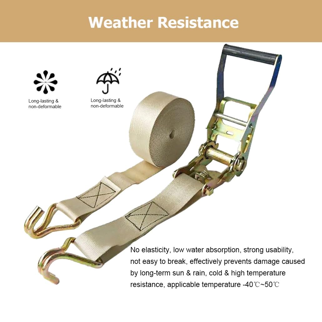 Paquete de 4 Correas de Carga de 9,8 a 49,2 pies con trinquete for remolques, Camiones, Kayaks y Motocicletas. Correas de Amarre con Ganchos Dobles en J.(Beige,8.0m/26.2Ft)