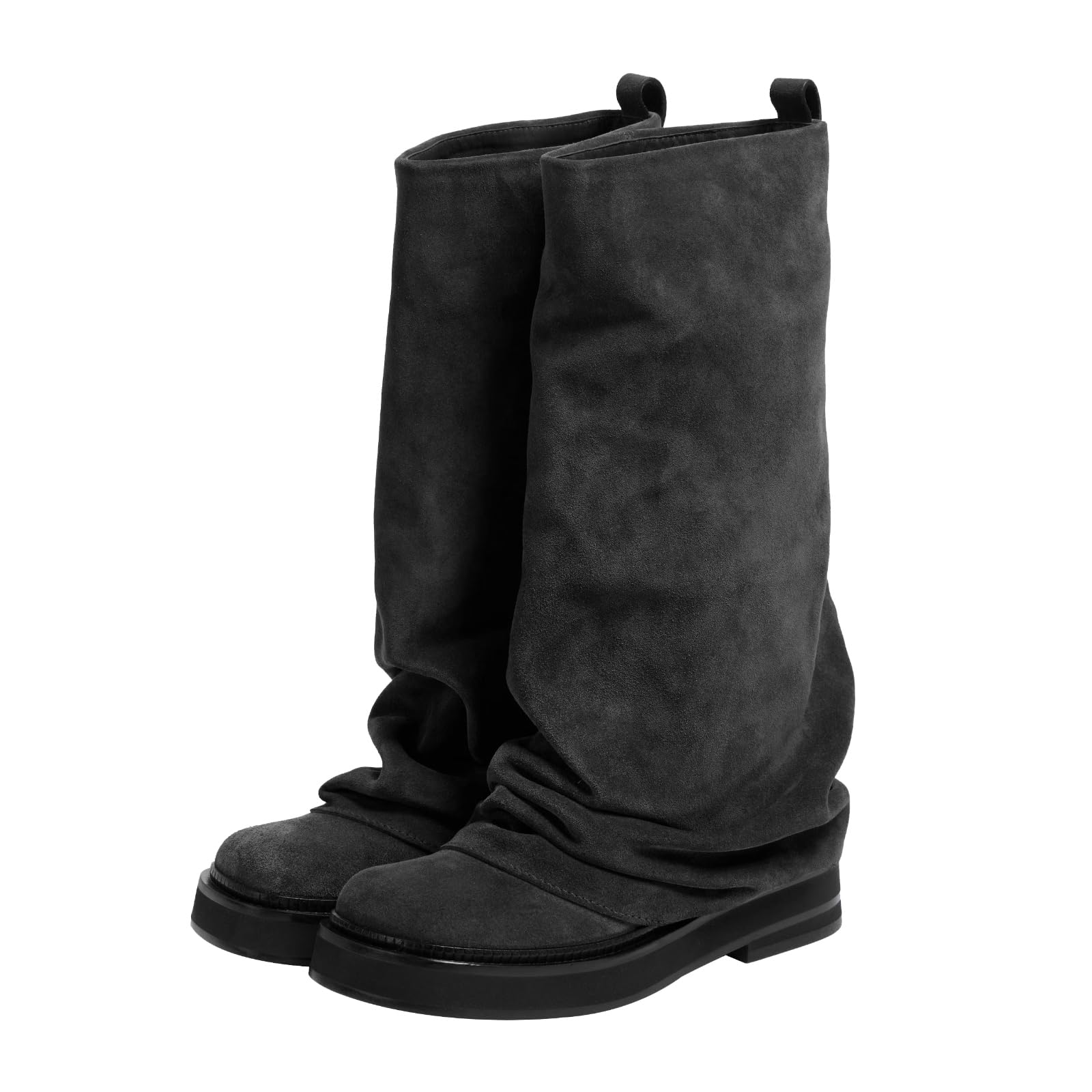 MAVMAX Women Slouchy Knee High Boots Casual Round Toe Pull On Riding Biker Boots Fold Over Chunky Low