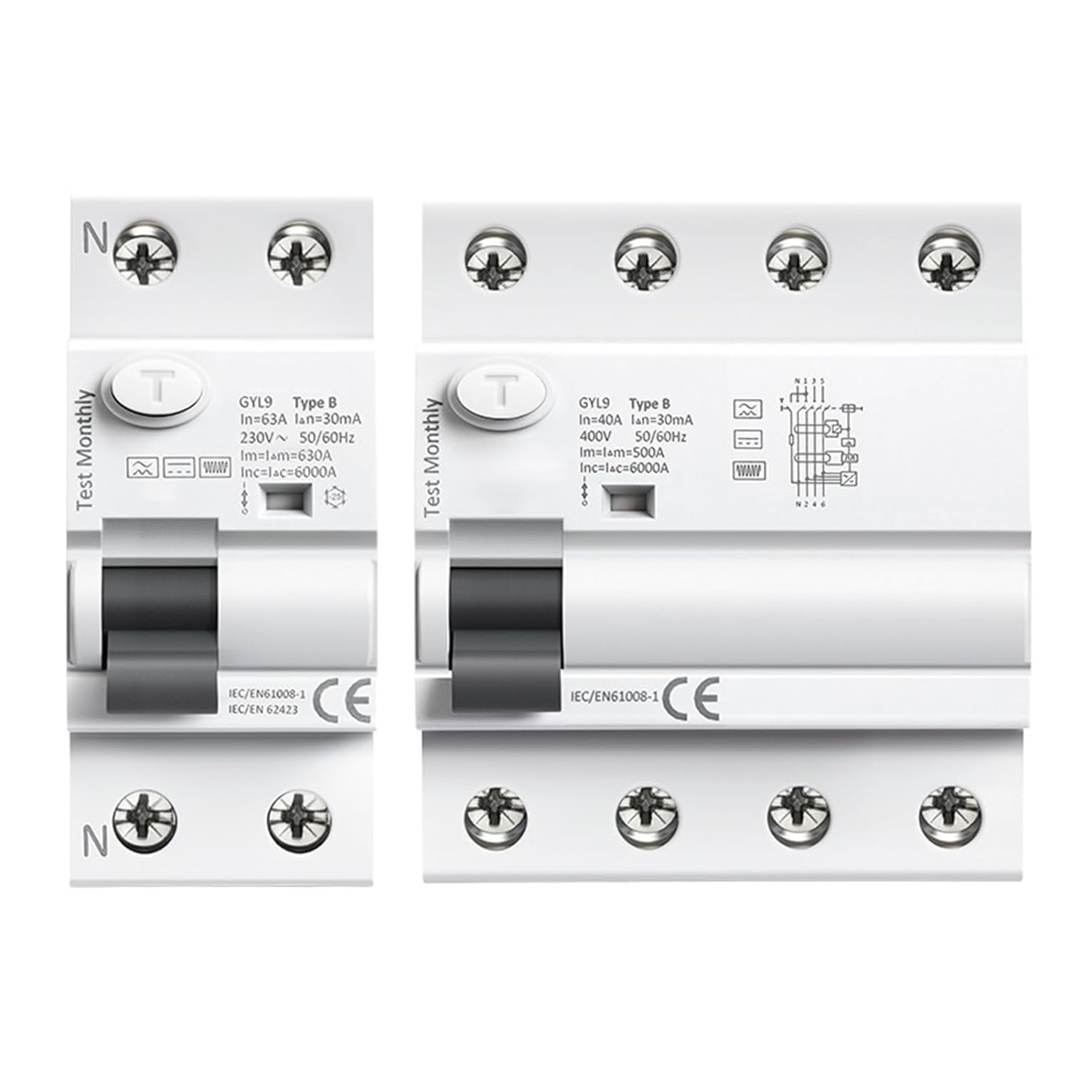 Disjoncteur différentiel Type B disjoncteur rail DIN 4P 40A 30mA 6kA pour applications CC et CA
