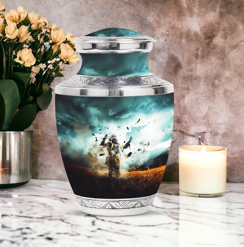 ネイティブアメリカンの骨壺 母灰 記念品 &amp; 大きな骨壷 男女兼用 容量の骨壷セット ベルベットバッグ付き大型骨壷1個と小型