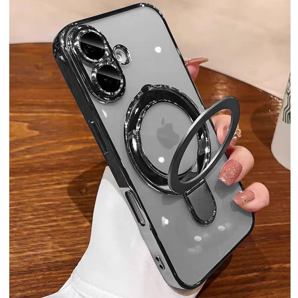 JBJZYZZ Magnetic Stand Case for iPhone 16 Case Clear Kickstand Compatible with Magsafe Built-in Camera Lens Protector Case Cover for iPhone 16,Natural