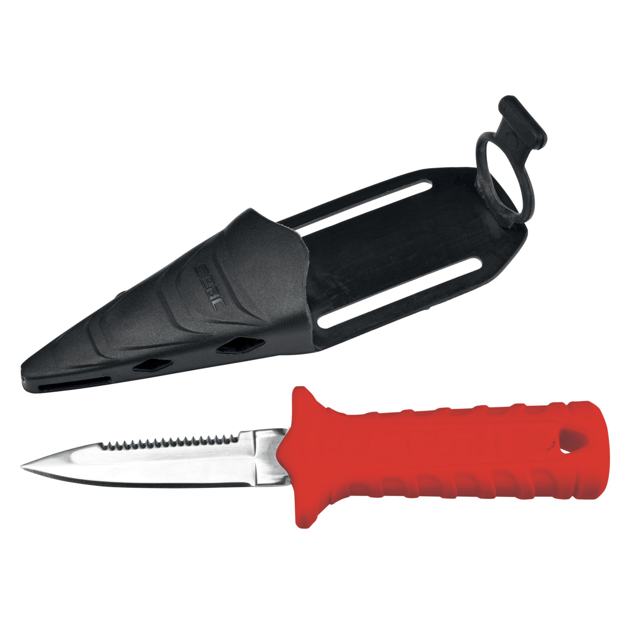 Seac Samurai, Diving knife for freediving and diving, Spearfishing knife with self-fastener strap, red