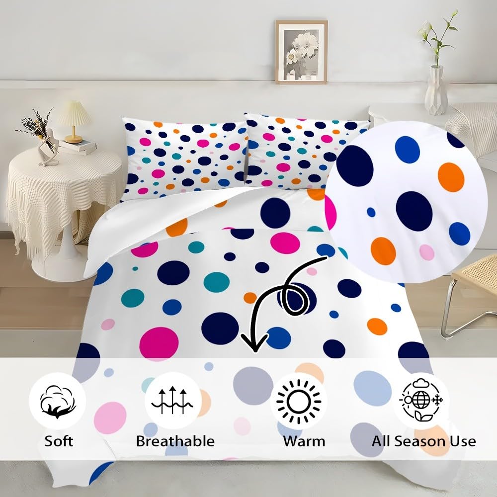 Pościel 3D 240 x 220 cm, miękka mikrofibra, proste kolorowe kropki, 3-częściowa poszwa na kołdrę z zamkiem błyskawicznym, hipoalergiczna, wysokiej jakości zestaw białych pościeli dla dzieci i
