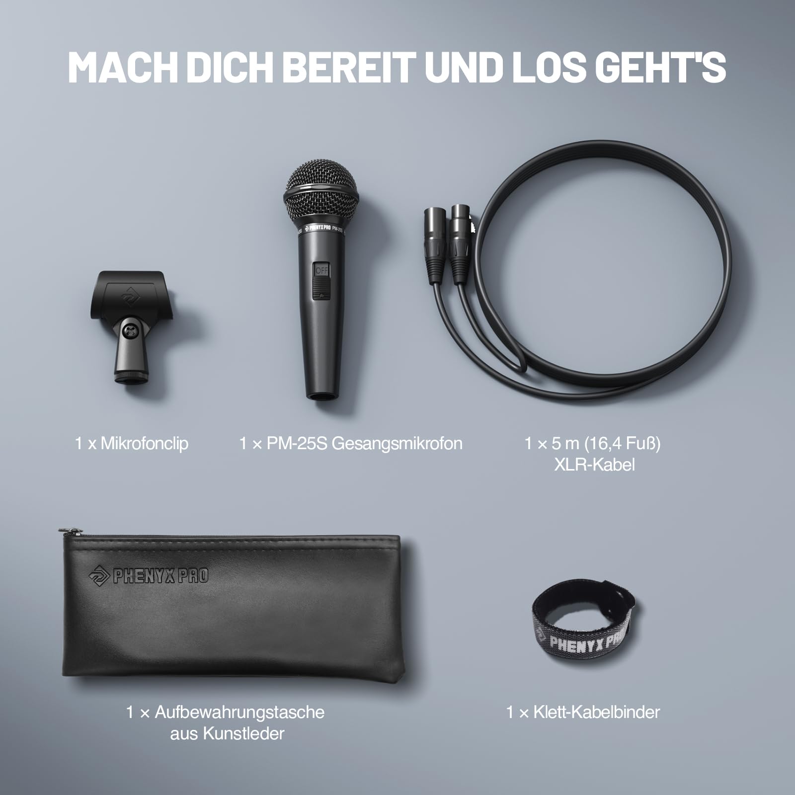 Phenyx Pro Dynamisches Gesangsmikrofon XLR ON/Off PM-25S | Kabelmikrofon, Niere, 5 m XLR-Kabel, Ein/Aus-Schalter, Mikrofonhalter, Tasche, Gesang, Bühne, Studio