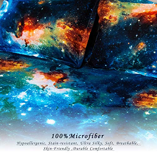 Bedlifes Galaxy Outer Space Sheet Set, Galaxy Themed, 3 pcs Including Flat Sheet, Fitted Sheet, and 1 Pillowcase (Blue Twin)