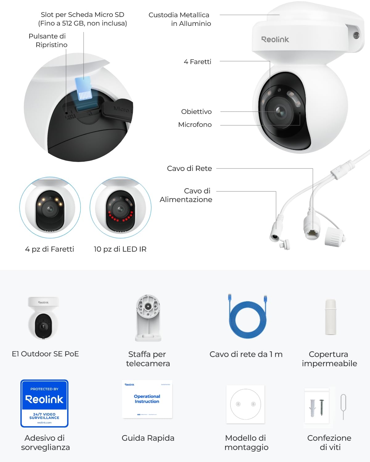Reolink PoE 4K Telecamera Esterno, Panoramica 355° e Inclinazione 50°, Zoom Digitale, Inseguimento Automatico, Rilevamento Smart, Visione Notturna IR/a Colori, Audio Bidirezionale, E1 Outdoor SE PoE