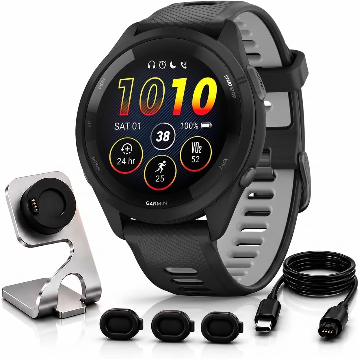 Forerunner 265 Running GPS Smartwatch, AMOLED Display, 46mm, Black/Powder Gray, 010-02810-00 - Bundle w/Deco Essentials Charging Dock, Dust Cover and USB-C Cable