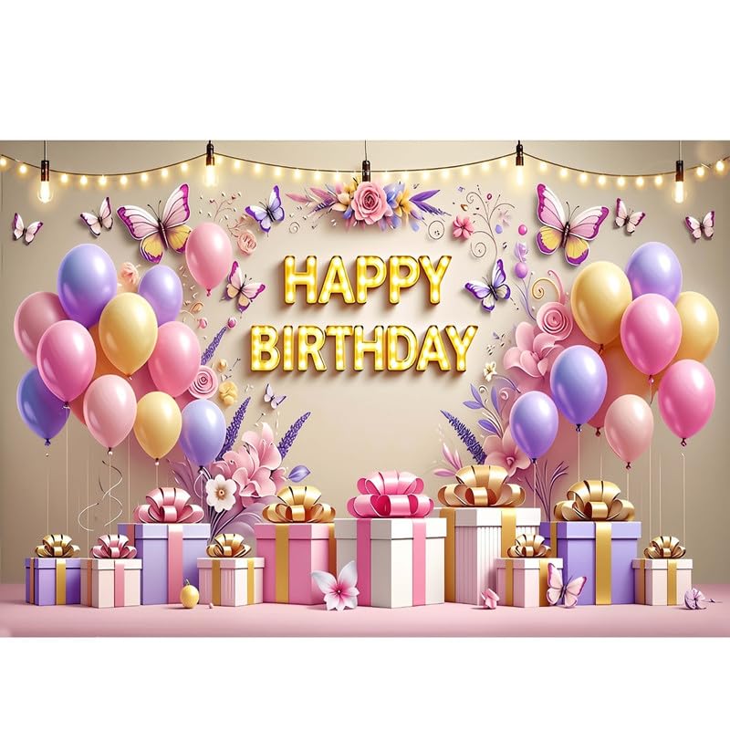 Image of Elegant Gold Color Happy Birthday Party Decoration Backdrop with Balloons, Gifts, and Floral Accents (Pack of 1)