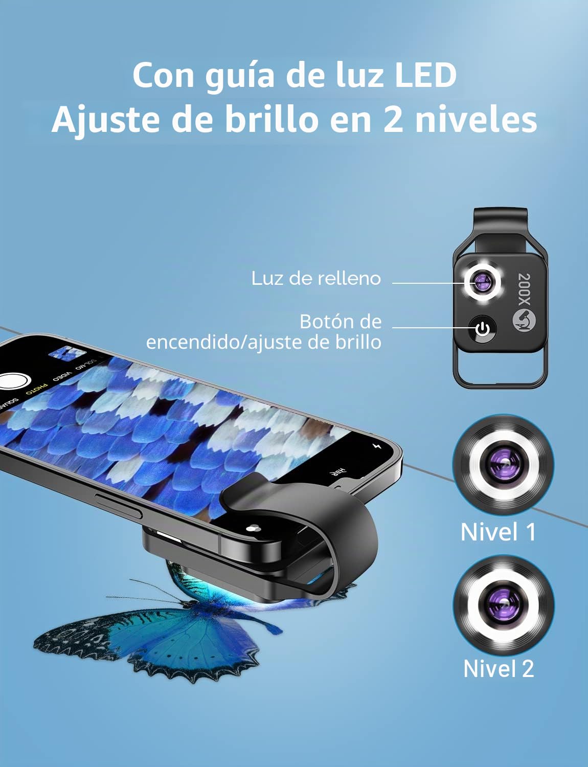 Microscopio de Clip para Teléfono, 200x Teléfono con CPL, 2 Modos de Brillo, para Que los Niños Exploren del Mundo Microscópico