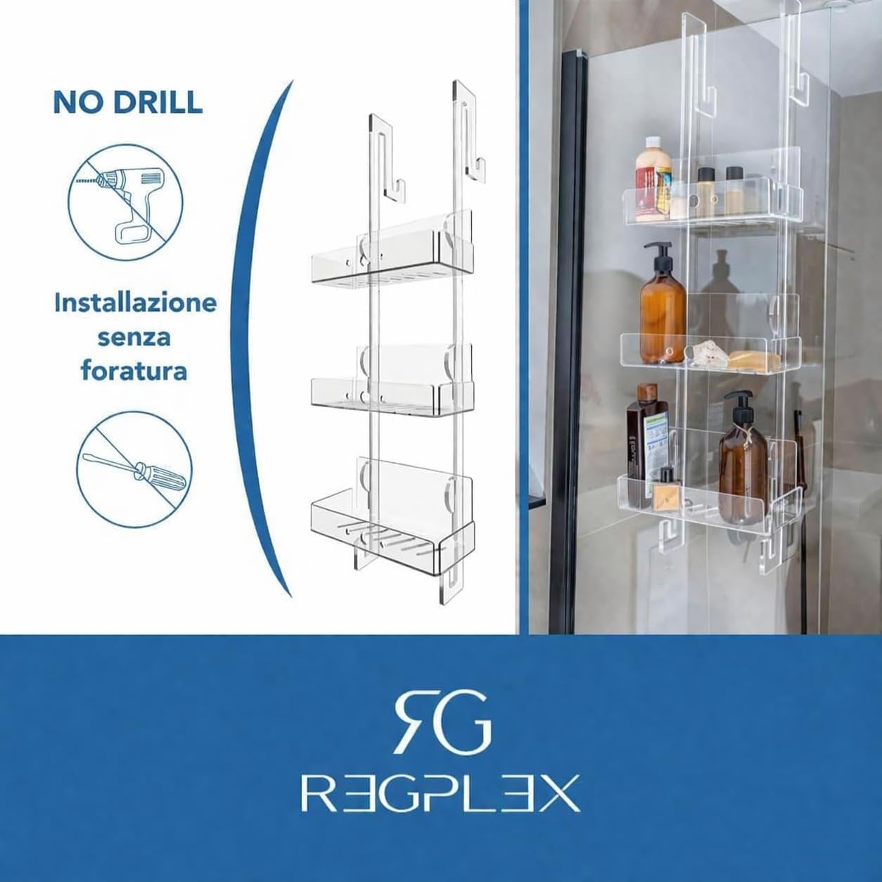 REGPLEX Porta Shampoo Doccia Plexiglass Trasparente Organizer Bagno 3 Mensole Montaggio Senza Viti Adatto Box 26-40 mm