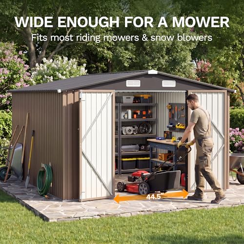 Image of JUMMICO 10x12 FT Outdoor Storage Shed, Heavy Duty Metal Shed with Lockable Door&Slooping Roof, Tool Shed for Garden Backyard Patio(Brown)