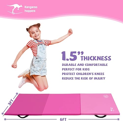 Miniatura 9 de Kangaroo Hoppers Colchonetas de gimnasia para niños, tapete plegable de gimnasio con asas de transporte para jugar actividades en casa