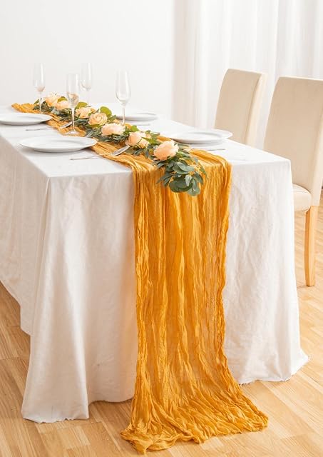 Cuibilyer Cheesecloth Table Runner 10Ft Cheese Cloth Gauze Tablecloth 35 x 120 Inches Romantic Table Runner for Wedding Decor Holiday Birthday Party Table Dining Room Dresser Decor (Ginger)