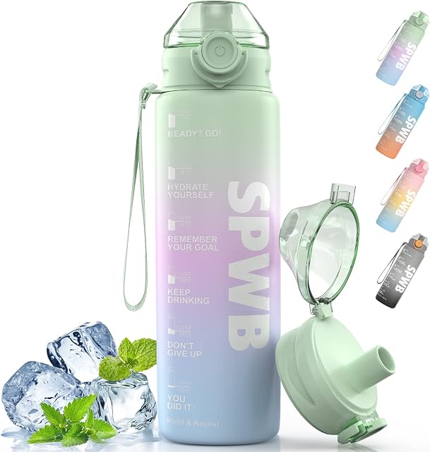 SPWB 1L Water Bottle,Sports Water Bottle with Time Marker,Motivational Water Bottle BPA Free Leak-Proof Durable Drink Bottle for Fitness,Camping,Outdoor, Office,Cycling