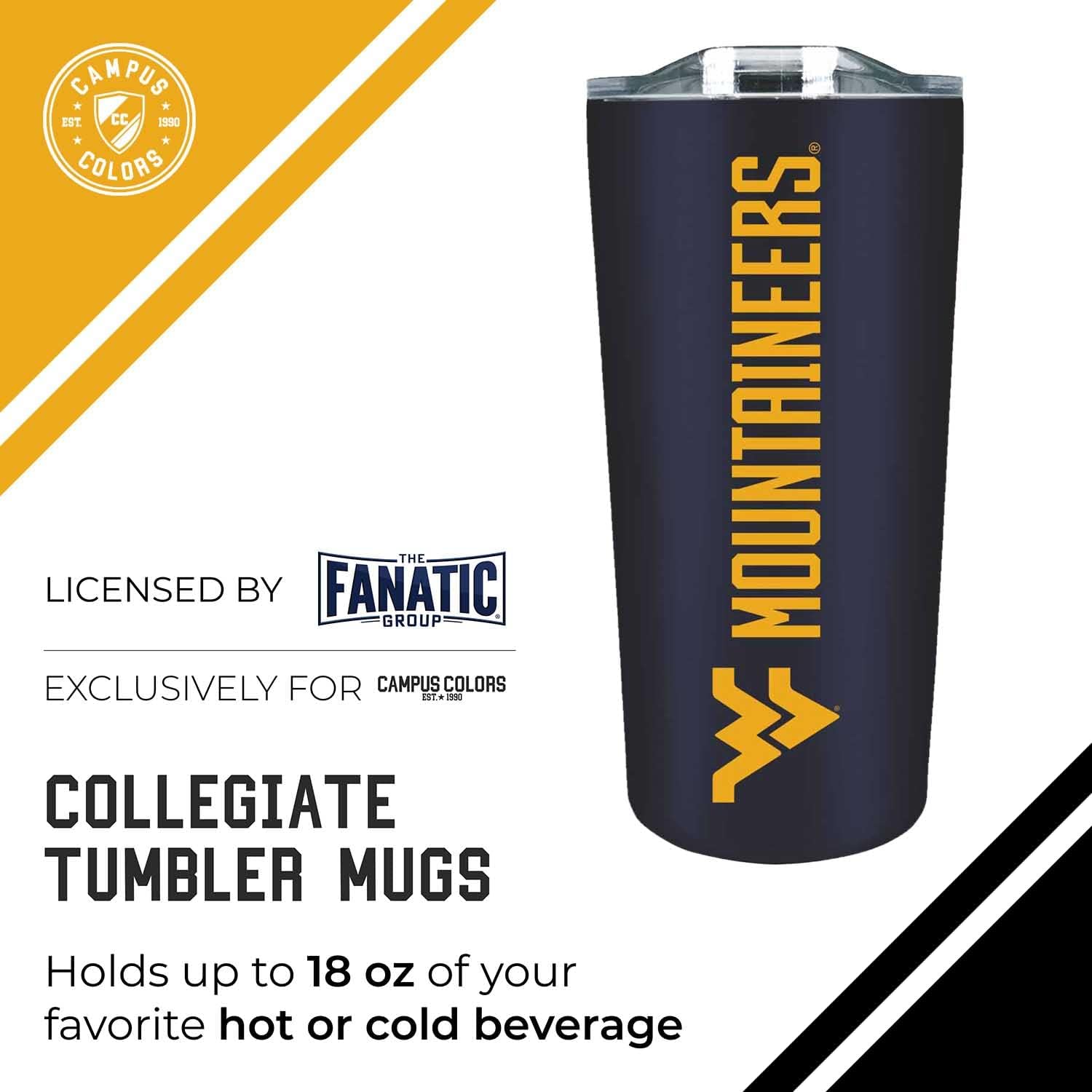 Campus Colors NCAA Stainless Steel Tumbler perfect for Gameday - 18 oz - Double Walled - Keeps Drinks Perfectly Insulated (West Virginia Mountaineers - Navy) - Image 3