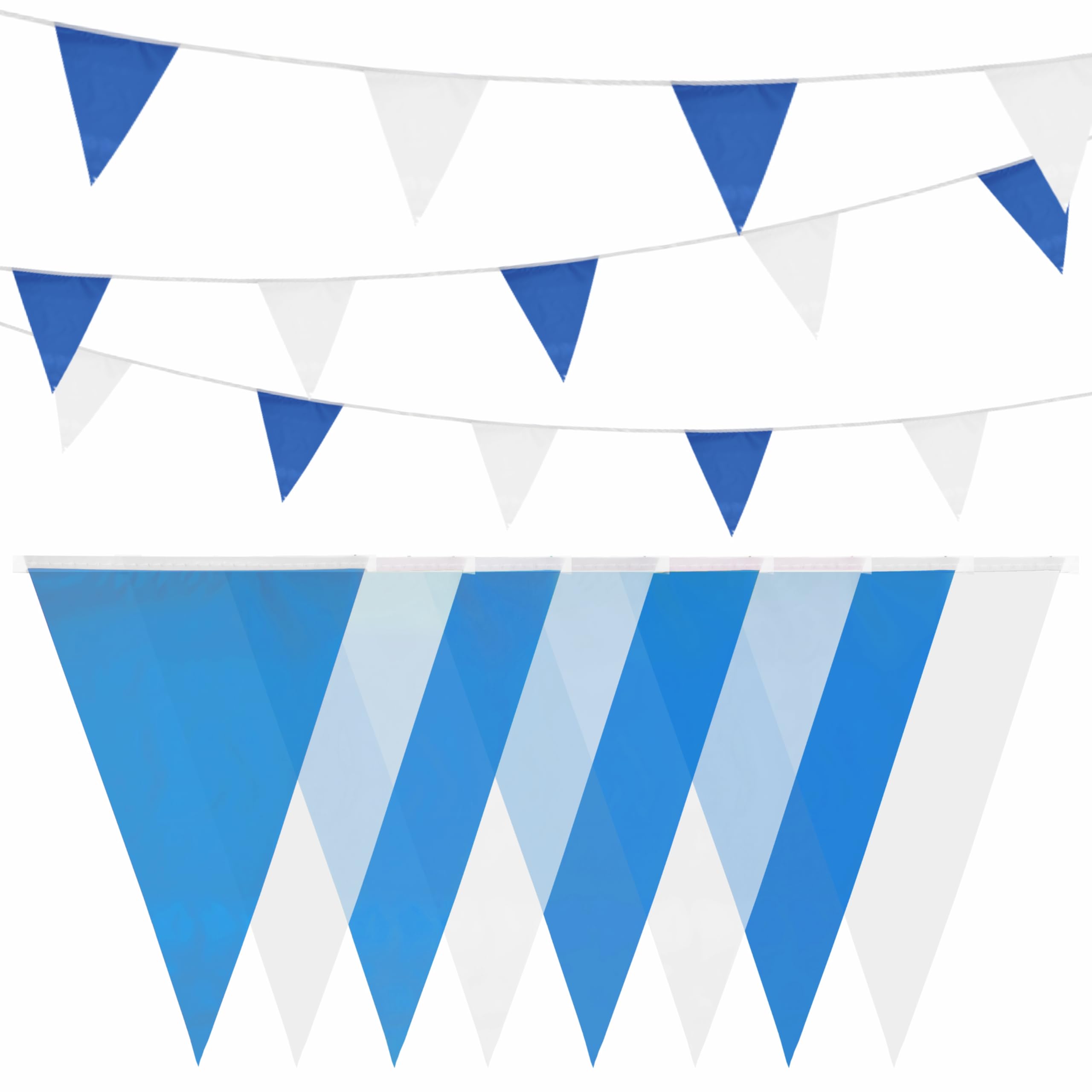 HEKU Wimpelkette blau-weiß mit 20 Wimpeln , Wetterfest,10 Meter Lang , Große, Auffällige Wimpel , Ideal für Veranstaltungen, mit Integriertem Befestigungsband