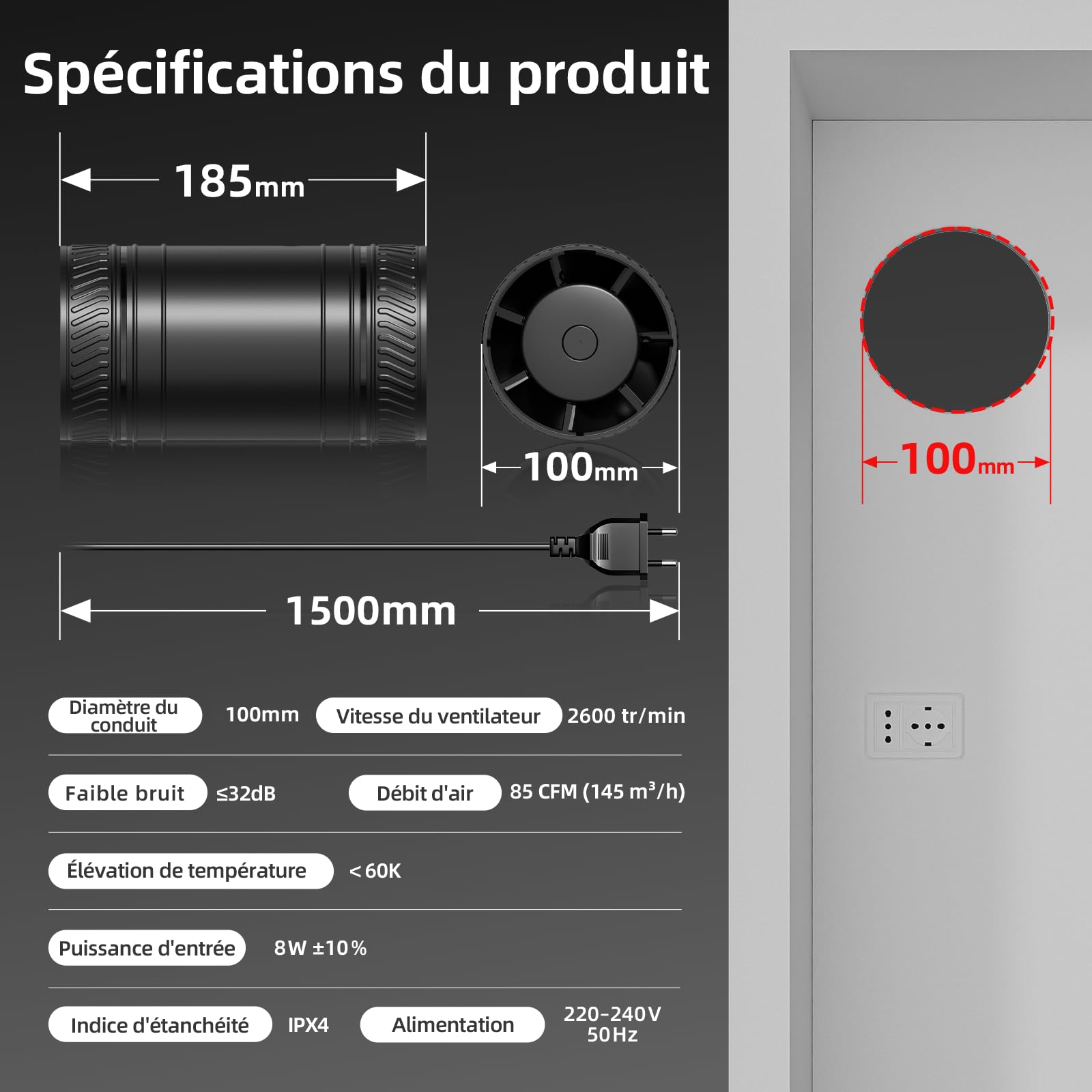 MOCINE Ventilateur en ligne 100 mm, extracteur d’air de conduit haute efficacité, fonctionnement silencieux – idéal pour la ventilation de la cave, la salle de bain, la cuisine et le camping-car