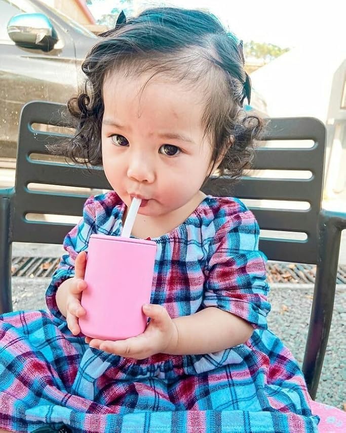 Miniatura 6 de Avanchy - Taza mediana de silicona de 8 onzas, color rosa, taza para bebé, juego de platos para bebés, juego de platos para bebés, platos para