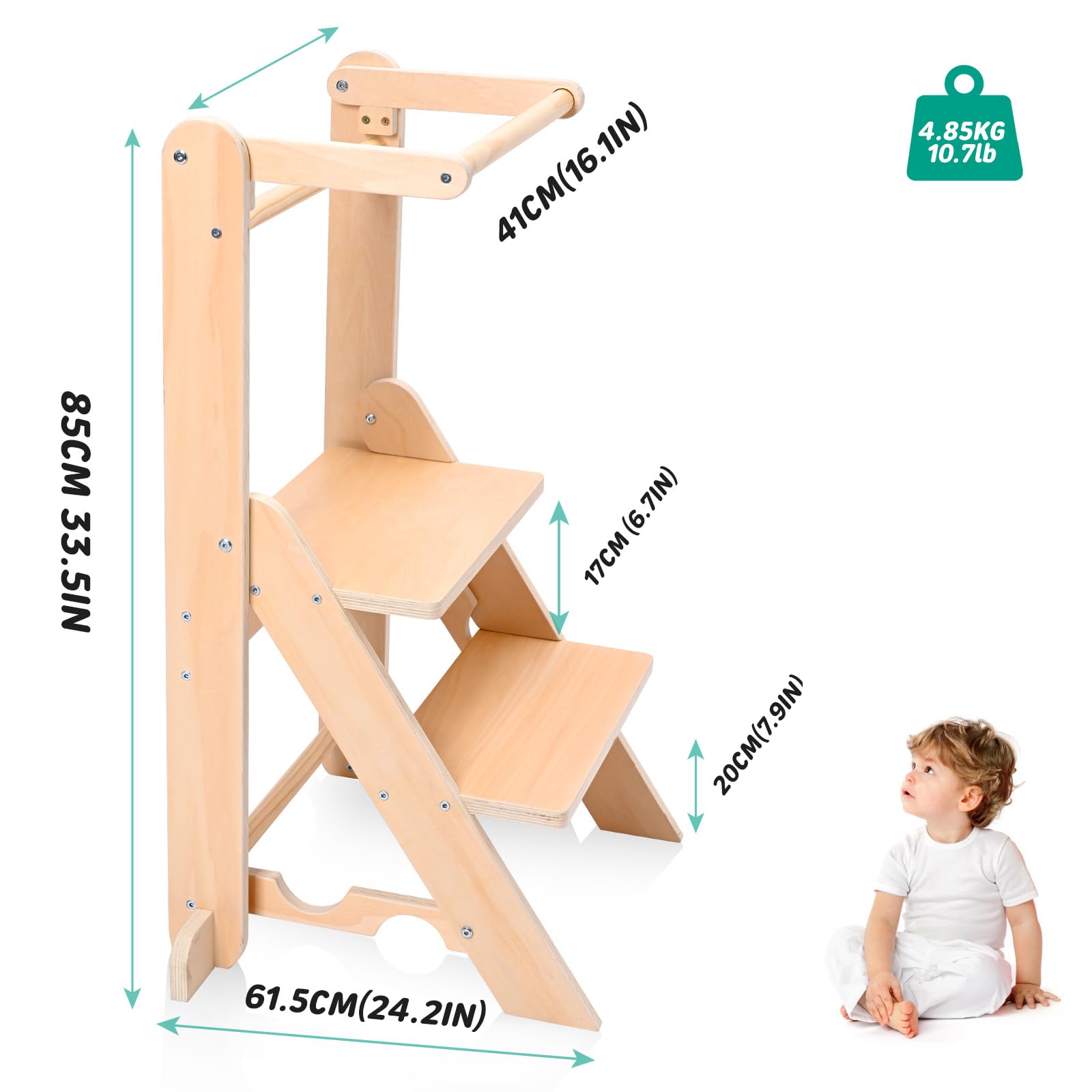 Lernturm ab 1 Jahr, Montessori Lernturm klappbar mit 2-facher Höhenverstellung, Holz Learning Tower Bis 50 kg Belastbar, Toddler Tower Sicherer Tritthocker mit Kippschutz