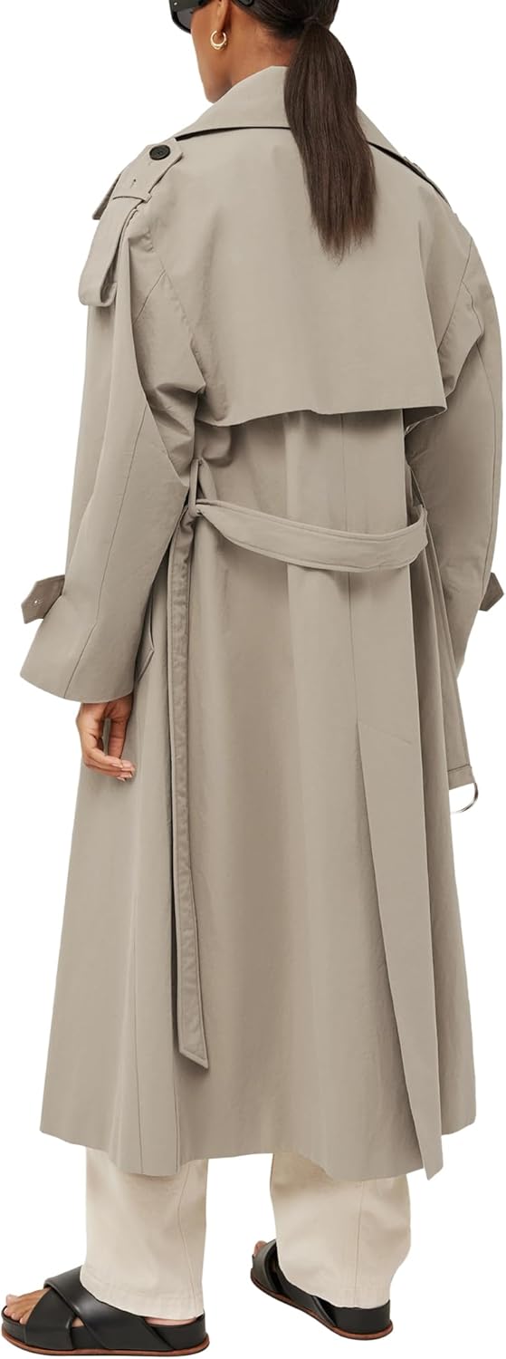 Farktop Womens Oversized Long Trench Coat Double Breasted Lapel Windproof Overcoat with Belt - Image 3