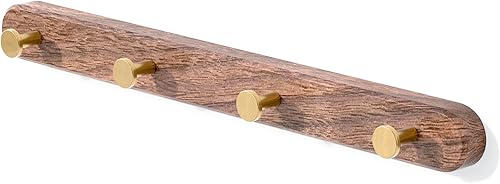 Miniatura 1 de Perchero montado en la pared de madera de nogal de 16 pulgadas con 4 ganchos redondos dorados, ganchos de entrada montados con adhesivo, modernas