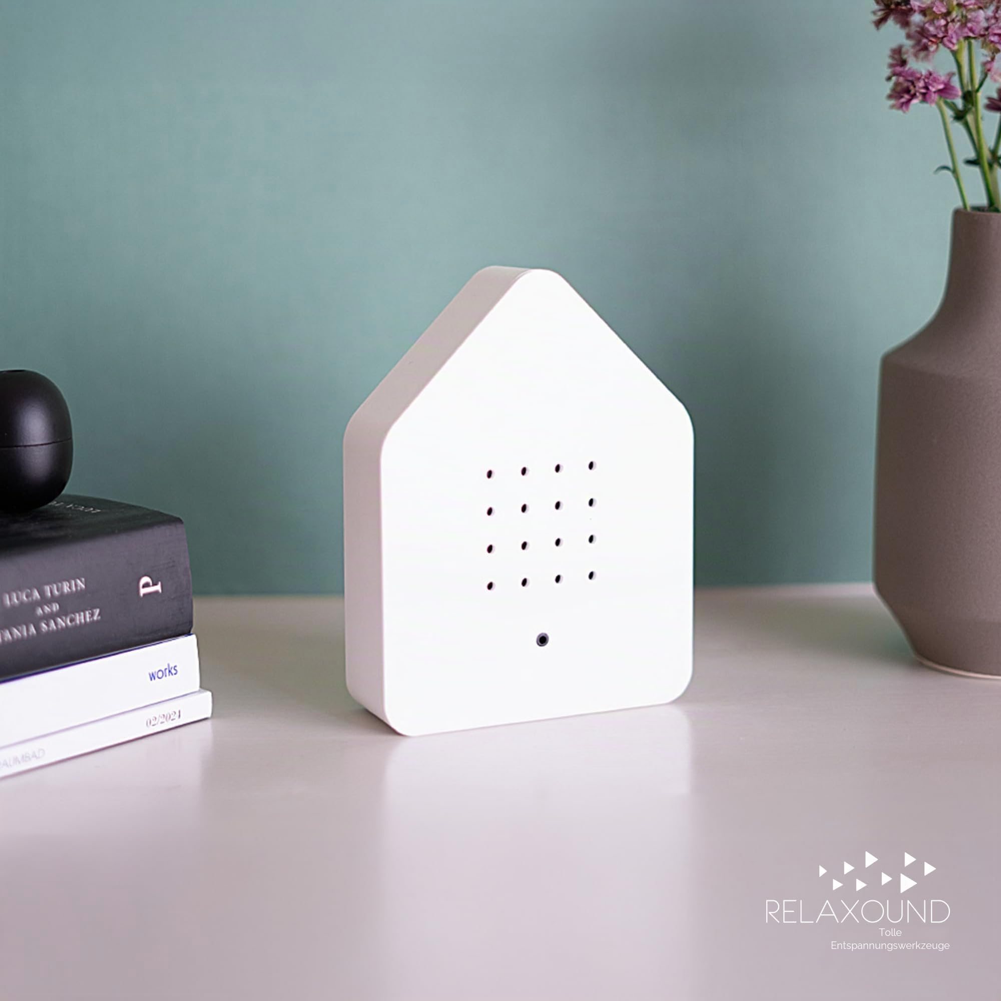 RELAXOUND ORIGINAL Zwitscherbox "White" – Moderne Vogelgezwitscher Box – Entspannender Vogelgesang – Bewegungsmelder mit Sound – Naturgeräusche Soundbox