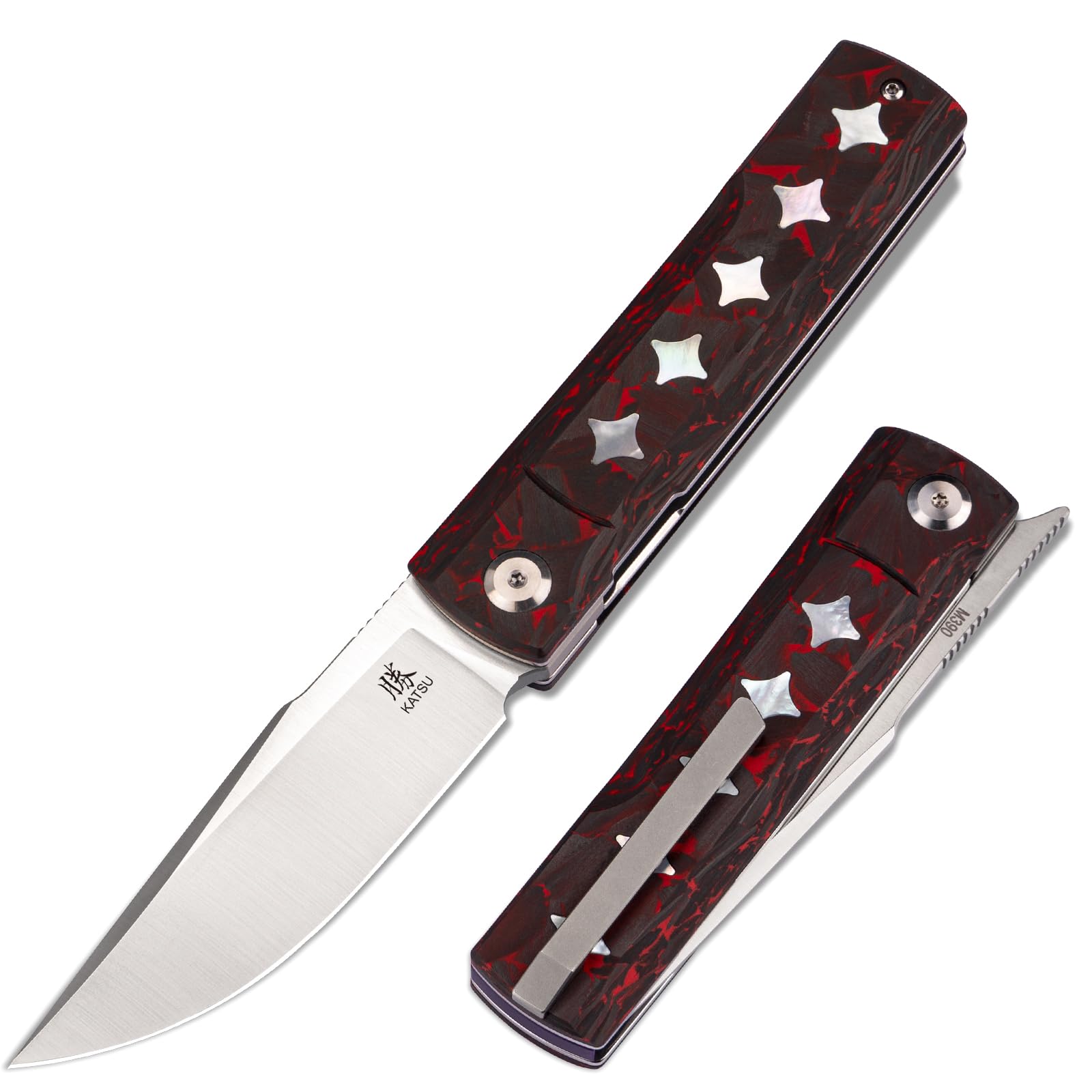 KATSU M390 Steel Pocket Knife, Carbon Fiber Handle with Mother of Pearl Inlays, Liner Lock, EDC Folding Knife for Camping Hiking, Japanese Folding Knife