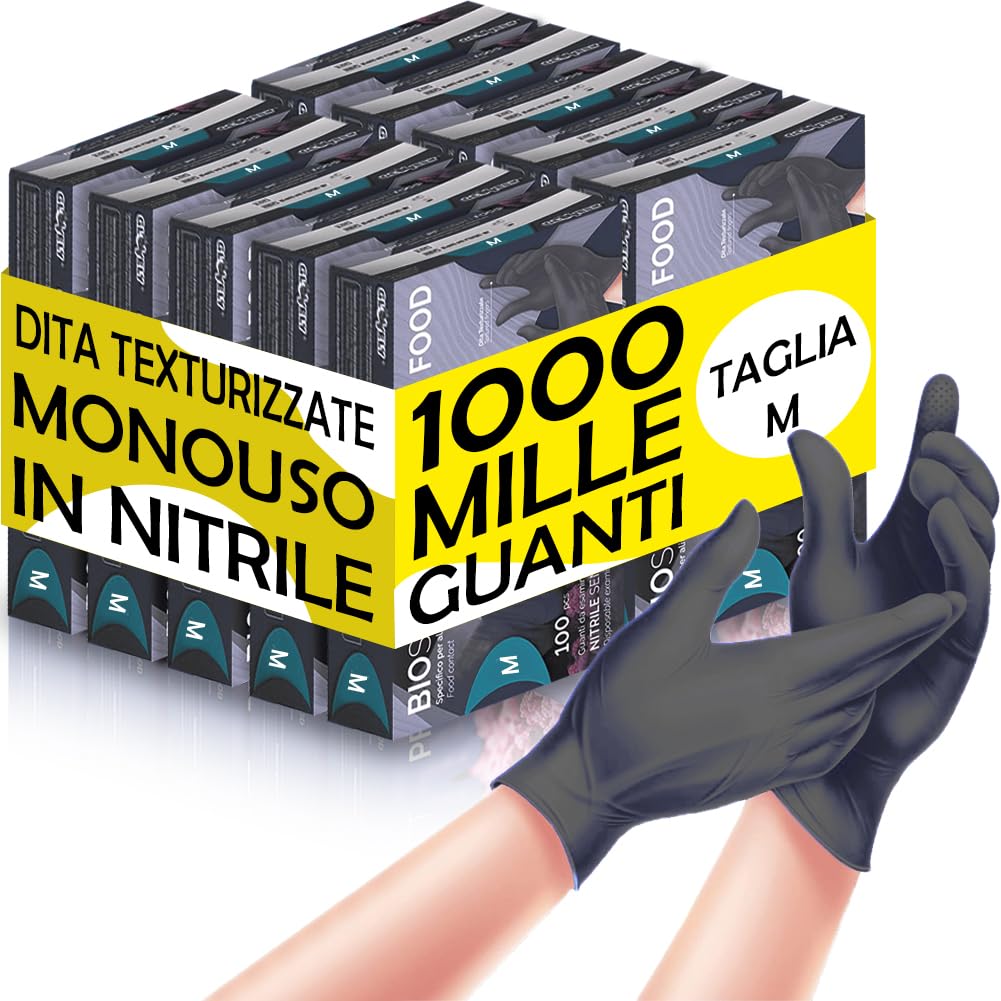BAKAJI 1000 x guantes desechables de nitrilo de color negro, sin polvo ni látex, hipoalergénicos, biosuaves, dedos texturizados, aptos para uso médico, alimentario, cocina, hogar, limpieza (M)