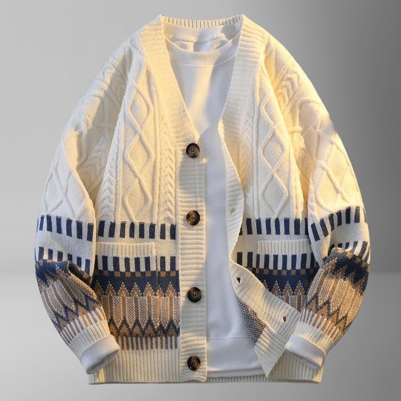 Autumn Winter V-Neck Simple Jacquard Versatile Loose Color Block Warm Knit Cardigan3