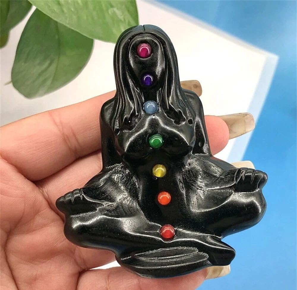 AARTERZZA 1pc Crystal Carving Black Obsidian Quartz 7 Yoga Women Crafts for Fengshui for Home Decoration and Gift