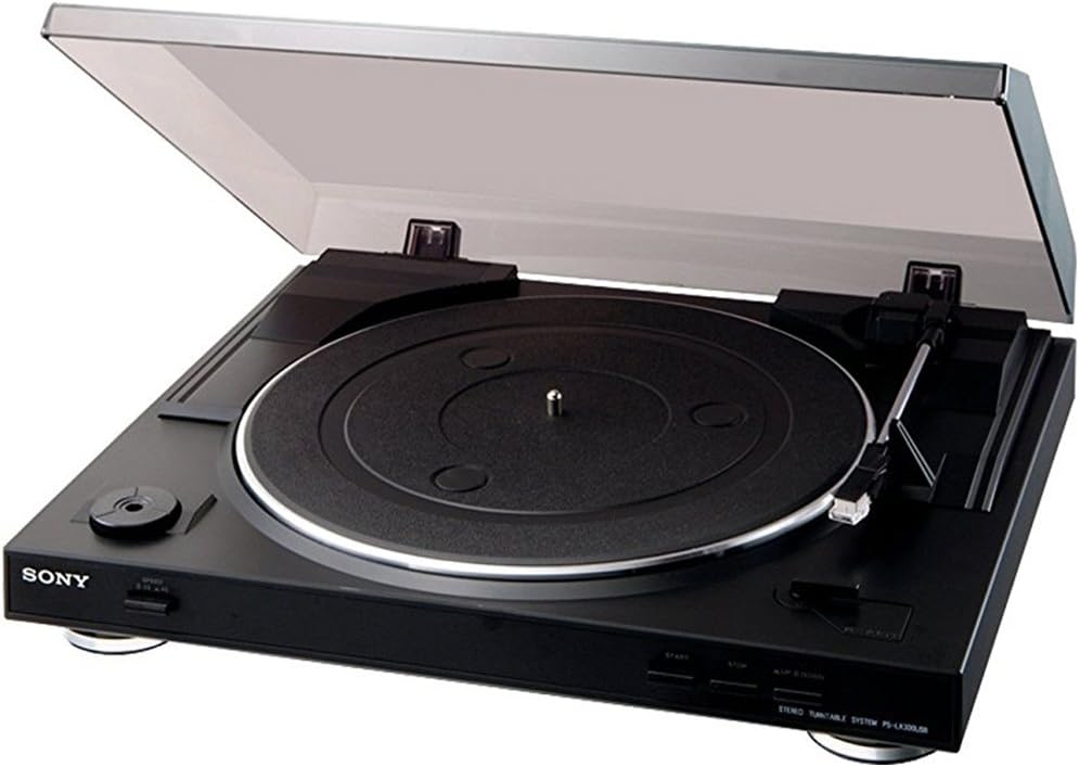 Close-up of the Sony PSLX300USB turntable controls, including speed selector, start, and stop buttons.