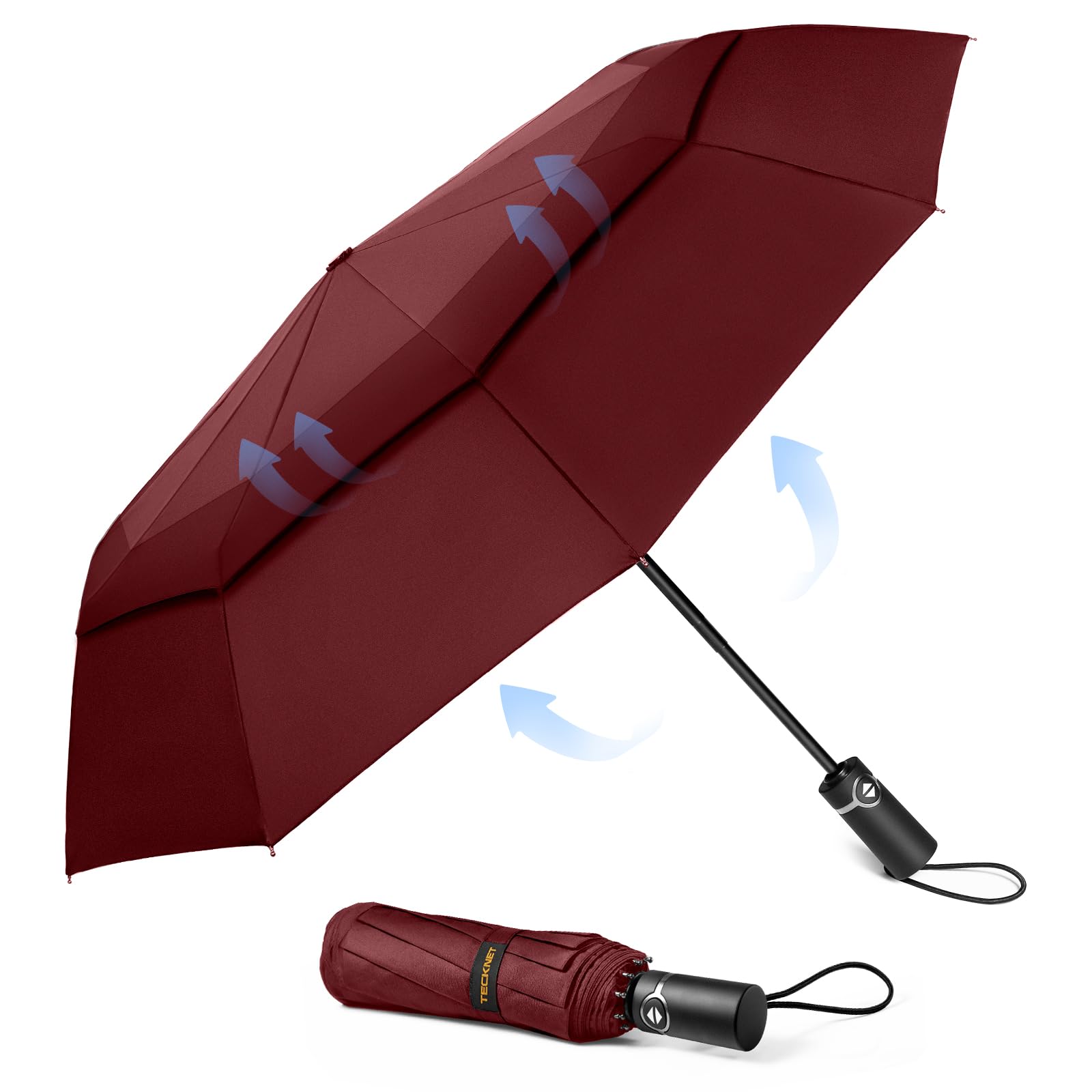 Tecknet Men's Red Windproof Automatic Umbrella - Strong Compact Travel, Large Wind Resistant With 10 Ribs, Folding Lightweight Golf For Rain