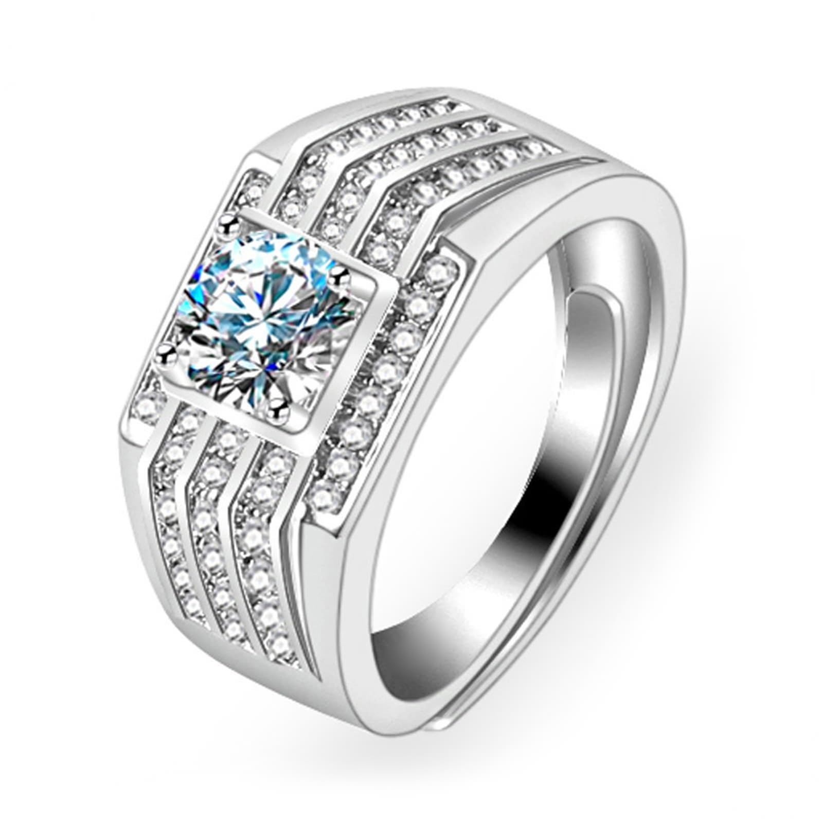 Wycian Anillo personalizado para hombre, oro blanco, plata 9 K, moissanite con circonitas brillantes, talla 54 (17,2), moderno, personalizable