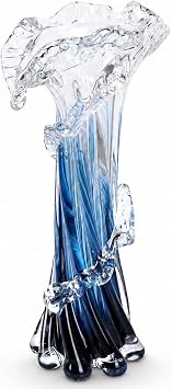 12" H Blue Blown Glass Vase, Modern Art Hand Blown Coastal Vase,Beautiful Unique Ocean Wave Centerpieces for Living Room, Bedroom, Office Desktop,Coffee Table and Wedding Decorative L