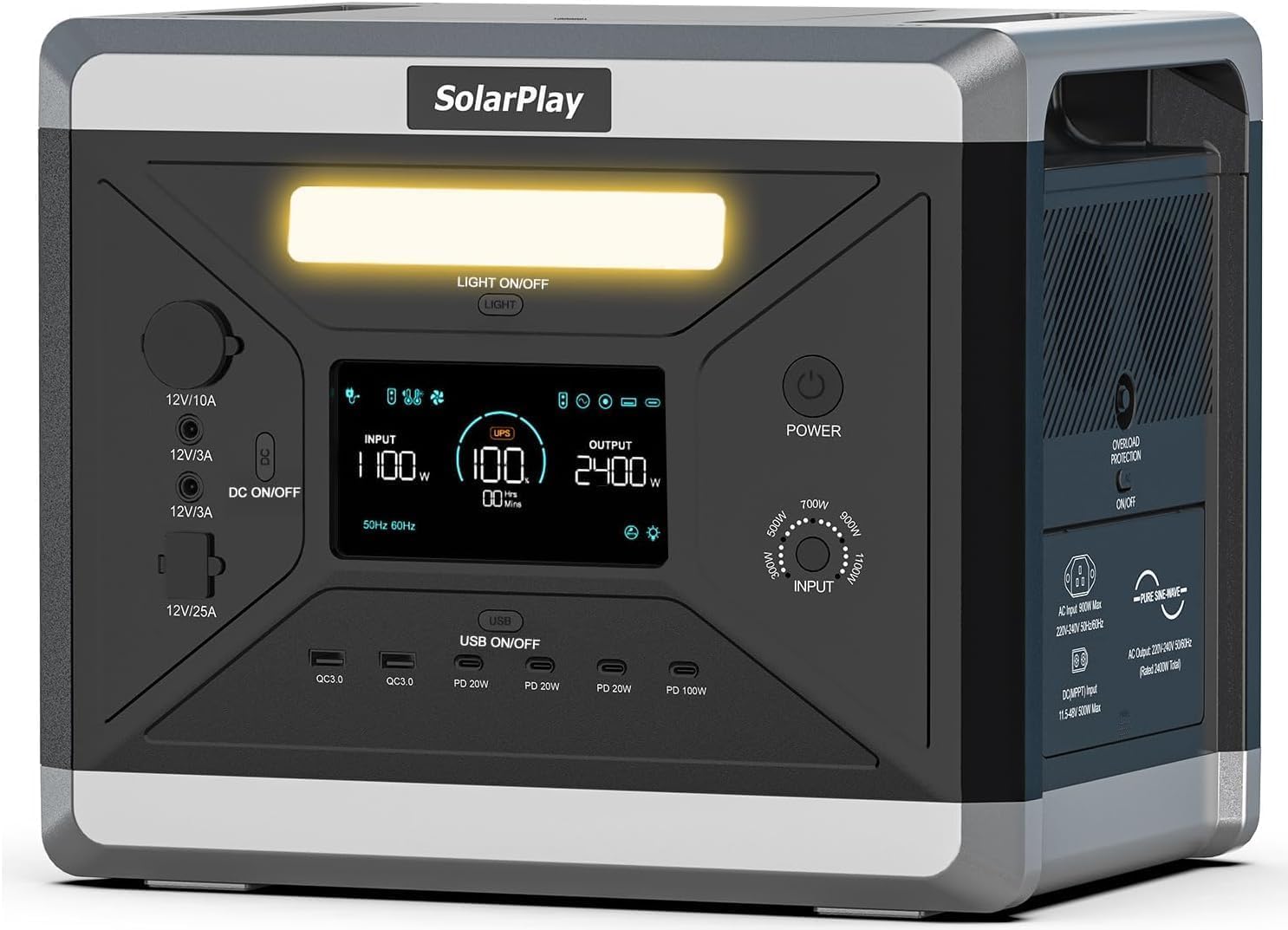 SOLARPLAY Stazione elettrica portatile Generatore Solare, 230V, con 12 connettori di Uscita, LiFePO4, UPS, per il campeggio (Q2501+Ferroso)