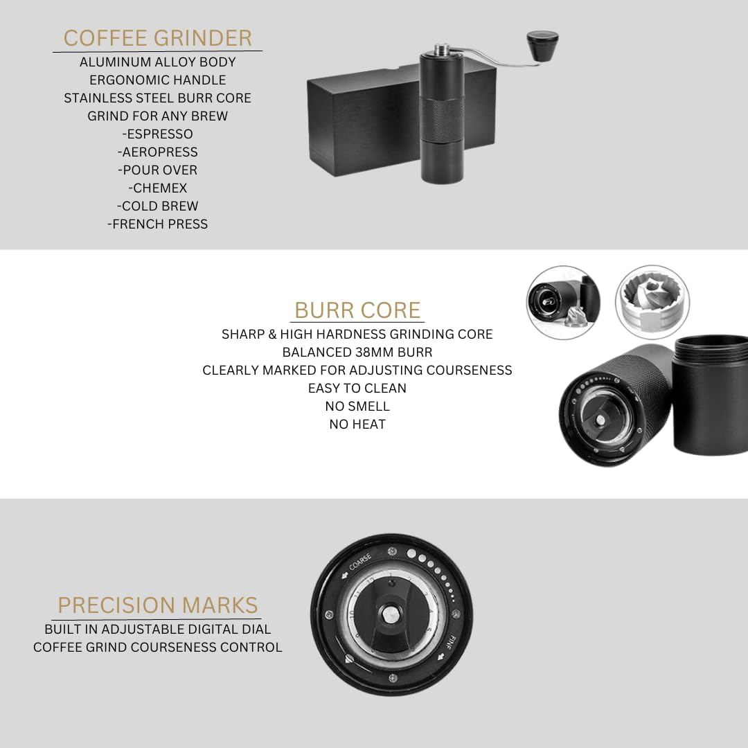 Manual Coffee Grinder - Stainless Steel Conical Burr Manual Coffee Grinder with Adjustable Settings Perfect for Home and Travel