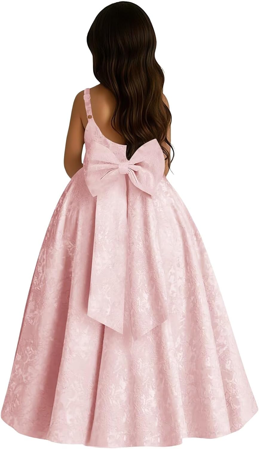 Satin Jacquard Bow Flower Girl Dress for Wedding Elegant A-Line Formal Ball Princess First Communion Dresses