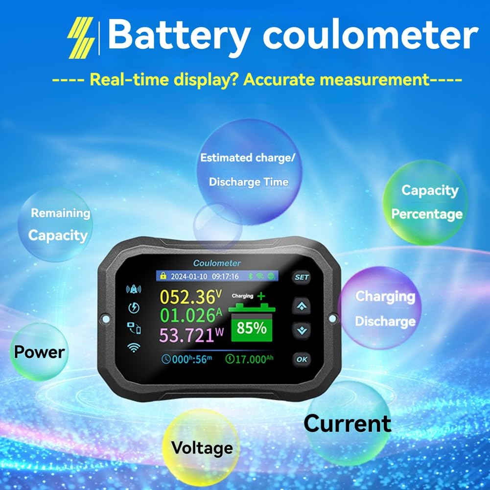 Booso Medidor Culombio KM110F con WiFi, Detección Corriente Bidireccional Alta Precisión, Muestra la Potencia del Voltaje la Batería para Vehículos Recreativos y Vehículos Eléctricos
